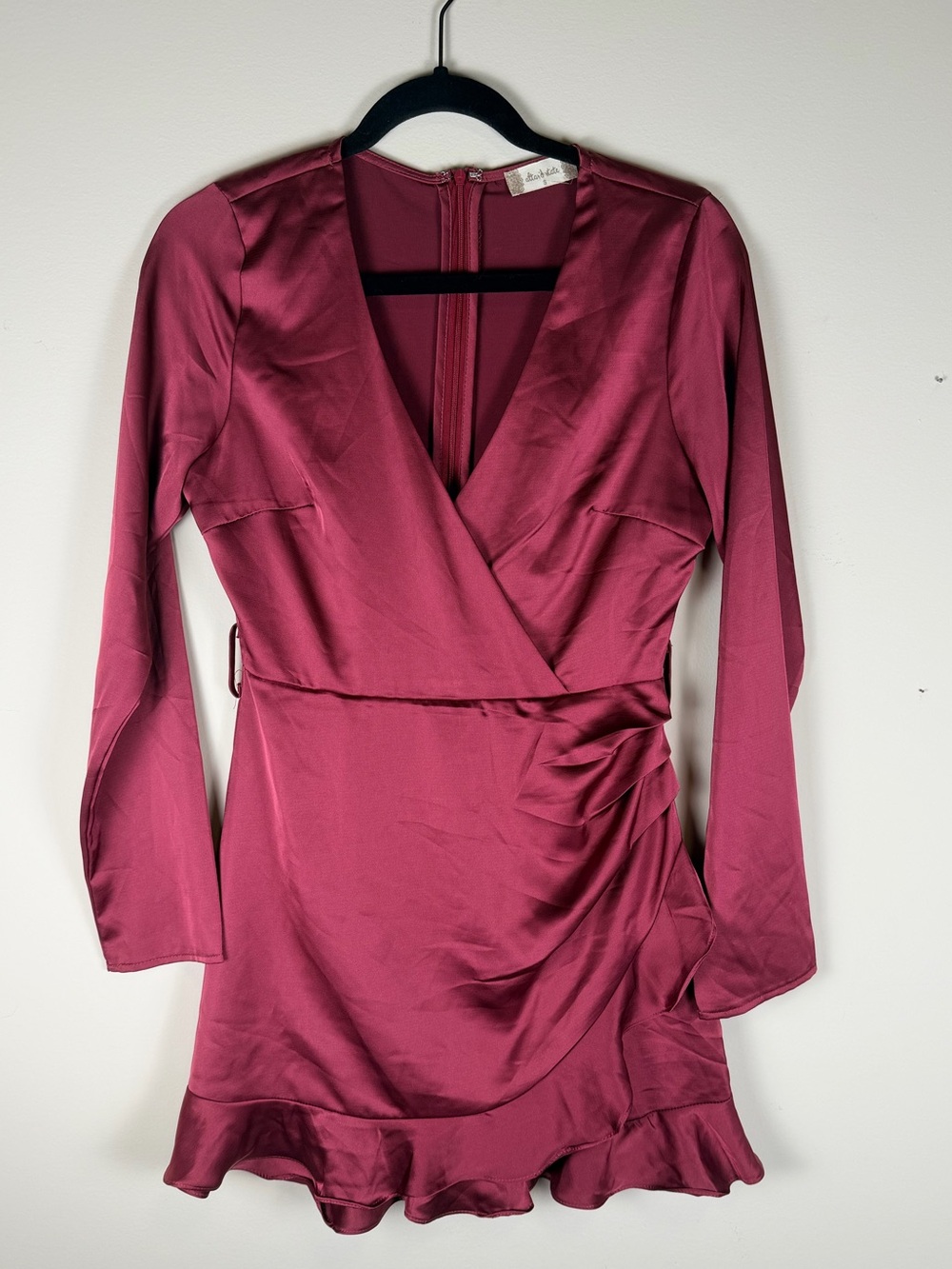 Altar'd State Wrap-Style Satin Dress in Burgundy